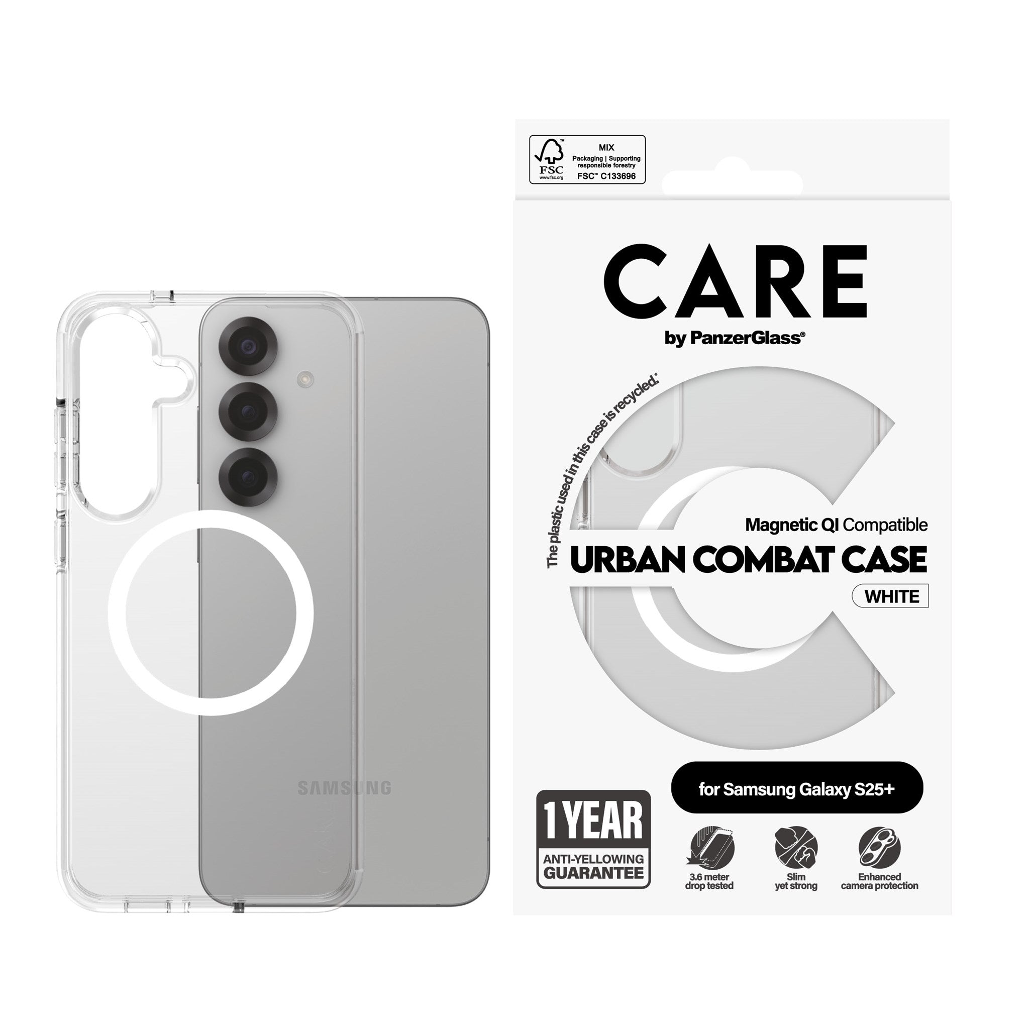 CARE by PanzerGlass® Flagship Case Transparent Urban Combat w. White Qi Compatible Samsung Galaxy S25+